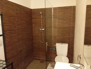 a bathroom with a shower with a toilet and a sink at Apartmán BB in Čížkrajice