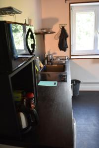 a small kitchen with a sink and a window at Studio à la campagne, Jardin, Lac à 7 min in Chenereilles