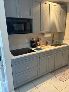 a kitchen with white cabinets and a sink and a microwave at Oasis of the forest in Brandon