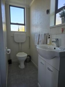 a bathroom with a toilet and a sink and a window at Quiet Boutique Generous Breakfast in Palmerston North +12 photos