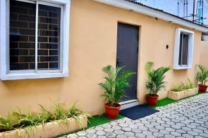 a house with potted plants in front of a door at Luxembourg Apartment in Lagos