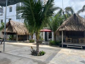 a palm tree in front of a building withiki umbrellas at Roooftop villa can ho penhouse Tay ninh in Tây Ninh