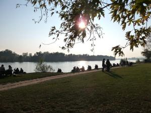 a group of people sitting on the grass near a lake at Trade fair and holiday accommodation in Oberursel +13 photos
