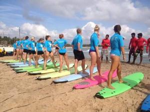 a group of people standing on surfboards on the beach at Moon Garden Hotel And Restaurant in Arugam Bay