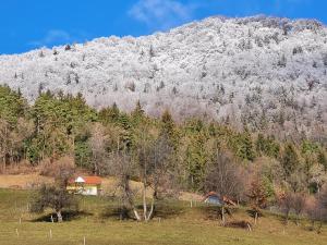 a snow covered mountain with a house in a field at Slovenia Valley Views in Lipa pri Frankolovem
