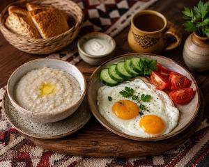two eggs and beans on a wooden table with bread at Tunduk Lux House in Teploklyuchinskoye