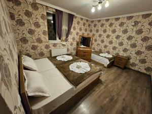 a bedroom with two twin beds and a mirror at NISS House in Akhaltsikhe