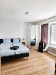a bedroom with a bed and a mirror at Bright Lake-View Apartment in Montreux +13 photos