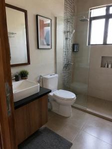 a bathroom with a toilet and a sink and a shower at Olympus House Meublé Kena in San Aparicio