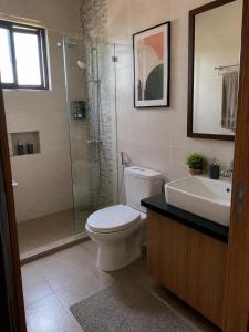 a bathroom with a toilet and a sink and a shower at Olympus House Meublé Kena in San Aparicio