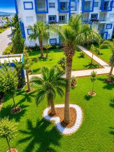 an aerial view of a park with palm trees and a building at Résidence Kariat Cabo 2-bedroom apartment in Cabo Negro