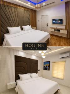 a hotel room with two beds and a hog inn hotel at Hog Inn Hotel in Benin City