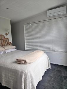 a bedroom with a bed with a large window at Tohora View in Waihi Beach