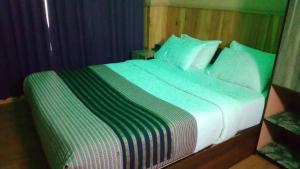 a bedroom with a large bed with green sheets and pillows at Diamond Hotel in Kagha