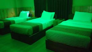 two beds in a room with green lighting at Diamond Hotel in Kagha