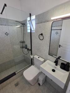 a bathroom with a shower and a toilet and a sink at Magenta Beach in Porto Heli