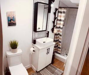 a bathroom with a toilet and a sink and a shower at Okanagan Valley Beautiful 2 beds 2 bath in Vernon