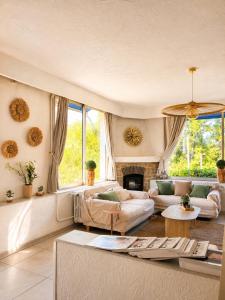 a living room with couches and a fireplace at Hotel Cayrons Vence & St Paul de Vence in Vence
