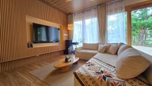 a living room with a couch and a tv at Palmelía Beach Resort in Buruanga