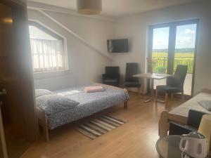a bedroom with a bed and a table and chairs at Gregorek in Ostrowo