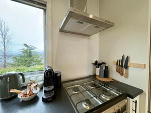 a kitchen with a stove and a sink and a window at Mountain Views on the Reserve in Wanaka
