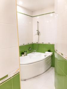 a bath tub in a green and white bathroom at Dream House Hostel & Hotel in Yerevan +21 photos