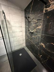 ein Badezimmer mit Dusche und einer Wand aus schwarzem Marmor in der Unterkunft Ravito in Peissant