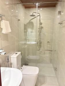 a bathroom with a shower and a toilet and a sink at Infenta's Villa Hotel & restaurant in Pandattarippu +29 photos