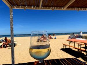 a glass of wine sitting on a table at the beach at Domus Dafne Apartment in Senigallia