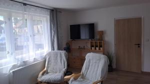 two chairs in a living room with a window at Apartmán Lnáře in Lnáře