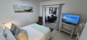 a bedroom with a bed and a flat screen tv at Allview Selfcatering Apartments Jacobsbaai in Jacobs Bay