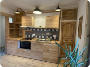 a kitchen with wooden cabinets and a sink at Appartement chaleureux cité vauban à Briançon in Briançon +7 photos
