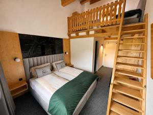 a bedroom with a bunk bed and a ladder at Hotel Pizzeria Selva in Zernez