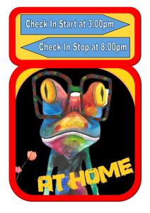 a frog wearing glasses and a sign that reads check in start at at AT Home in Burgas