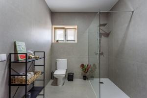 a bathroom with a toilet and a glass shower at Alegria Beach House in Vila do Conde +25 photos