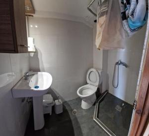 a bathroom with a toilet and a sink and a shower at Cozy apartment with a great view! R in Metamorfosi