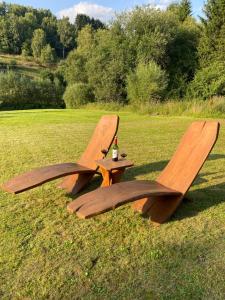a wooden picnic table in a field with a bottle of beer at Apartment far away from Africa in Steinach +3 photos