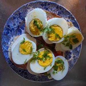 a plate of eggs on a sandwich on a table at B&B Il Gattonero in Arcumeggia +29 photos