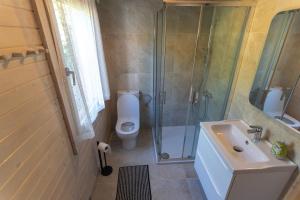 a bathroom with a shower and a toilet and a sink at Domki Pod Sosnami in Rowy +30 photos