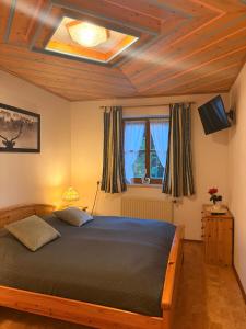 a bedroom with a large bed with a ceiling at Ferienhaus Sophia & Ilse in Murau
