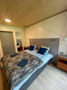 a bedroom with a large bed with blue pillows at Paatsalu Sadam in Paatsalu +28 photos