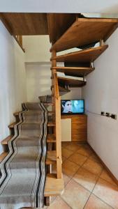 a spiral staircase with a television in a room at Baita dei Pini in Campodolcino