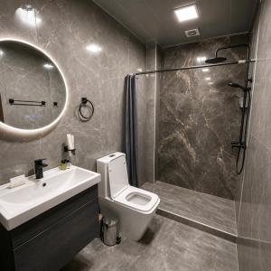 a bathroom with a toilet and a shower and a sink at River Light-Guest House in Alaverdi