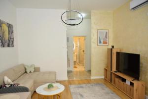 a living room with a couch and a flat screen tv at Lake&Chill Residence in Palić