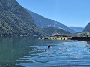 a person swimming in a lake in the mountains at Casa Piazzo in Brusio