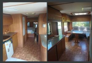 two pictures of a kitchen and a living room in an rv at Grande caravane in Gergy