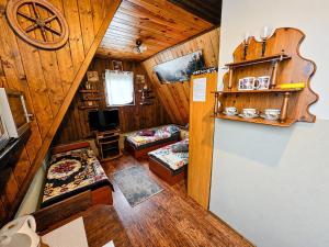 a room with a living room with wooden walls at Noclegi u Marka in Czernichów