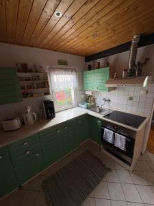a kitchen with green cabinets and a sink and a window at Privat Medo in Děpoltovice