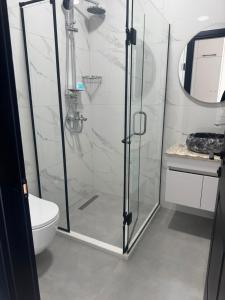 a bathroom with a shower with a toilet and a sink at Thom Tower in Gonio