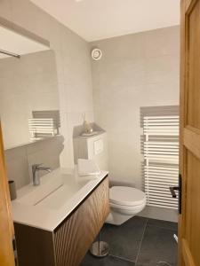 a white bathroom with a toilet and a sink at Nendaz Nest - Appartement moderne & confortable au cœur de Nendaz - 4 Vallées in Nendaz
